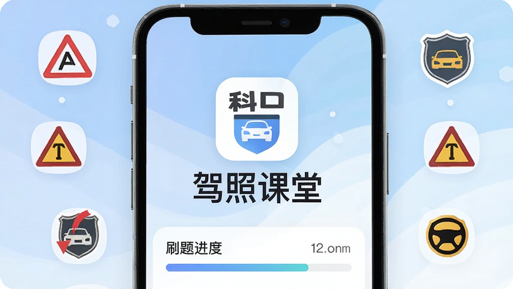 一张手机屏幕展示驾照课堂App主界面的图片,画面中央是驾照课堂的Logo和名称,背景是柔和的蓝白渐变,屏幕内显示科目一题库分类和刷题进度条,周围点缀交通标志小图标,风格简洁现代扁平化,细节圆润干净,画质清晰无多余元素,图片中文字包含“驾照课堂”。