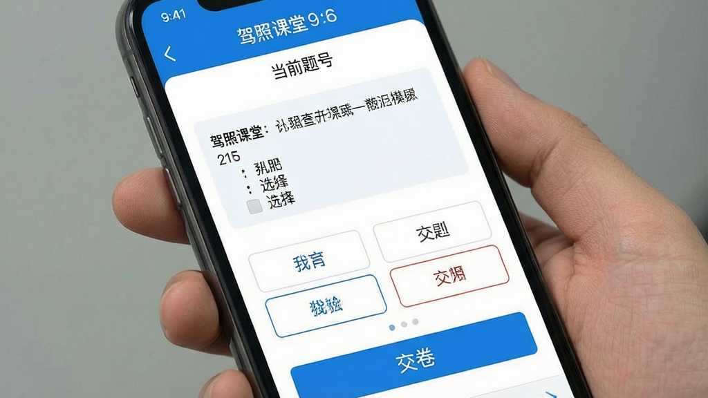 一张手机屏幕截图风格的图片,展示驾照课堂模拟考试界面,顶部显示倒计时和当前题号,中间是一道科目一选择题,下方有四个选项按钮,底部有交卷按钮,整体布局清晰,蓝白配色,风格简洁现代,画质干净无多余元素,图片中文字包含“驾照课堂”。