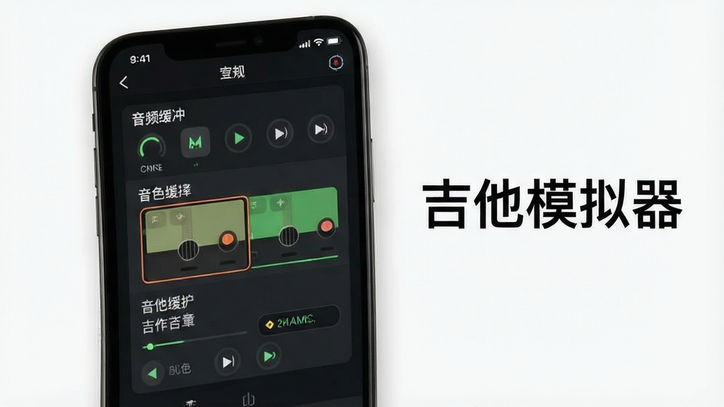 一张展示吉他模拟器设置界面的图片,画面中手机屏幕显示着音频缓冲、音色选择等设置选项,旁边有