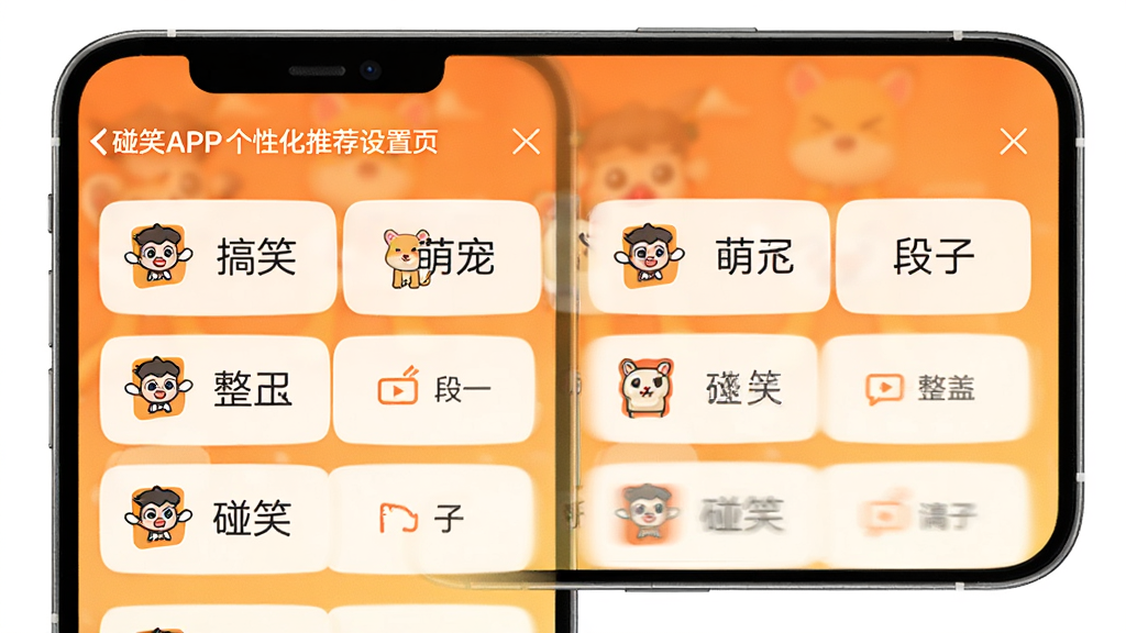 碰笑APP个性化推荐设置页,手机屏幕显示兴趣标签选择界面,标签包括搞笑、萌宠、段子、整蛊等,每个标签带有碰笑小图标,背景为暖橙色,画质干净无多余元素