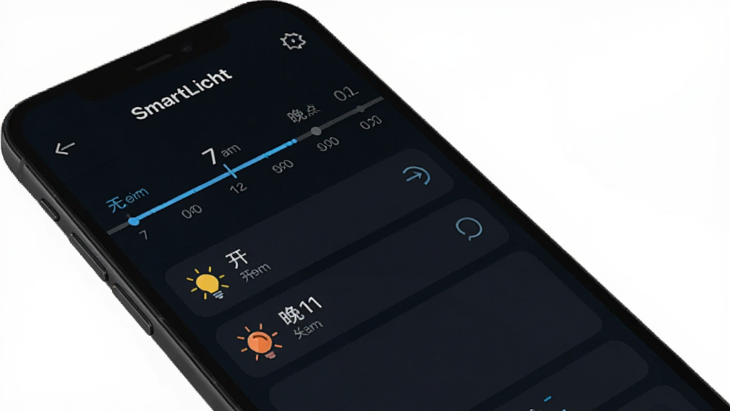 SmartLicht定时设置界面,手机屏幕显示时间轴和定时任务列表,包含早上7点开灯和晚上11点关灯的设置项,界面以深色背景为主,文字清晰,图标简约,整体风格科技感十足,画质干净,无多余元素