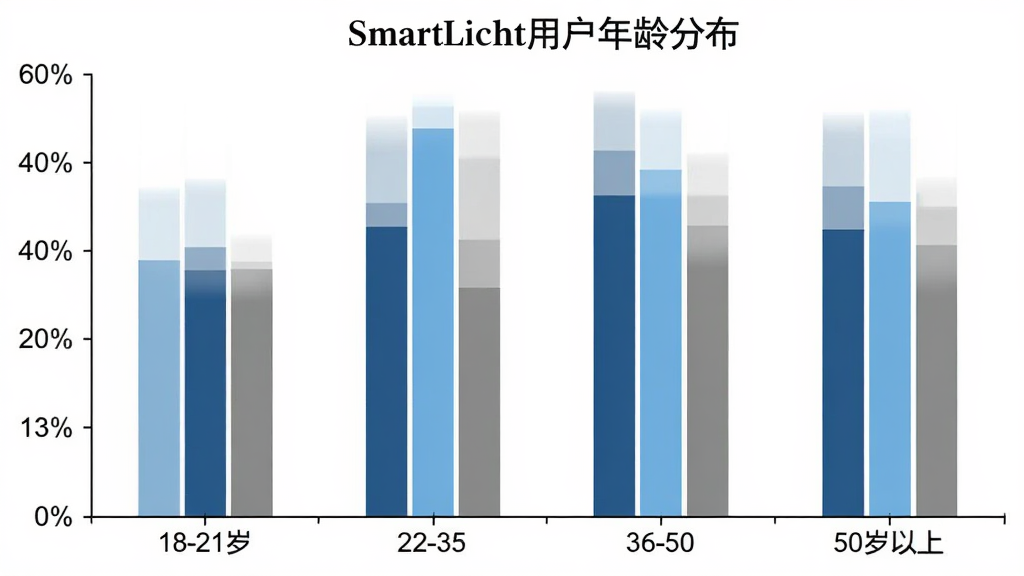 SmartLicht用户年龄分布柱状图,横轴为年龄段18-21岁、22-35岁、36-50岁、50岁以上,纵轴为占比百分比,柱状颜色分别为浅蓝、深蓝、天蓝、灰色,图表标题为SmartLicht用户年龄分布,背景白色,风格简洁专业,画质清晰,无多余元素