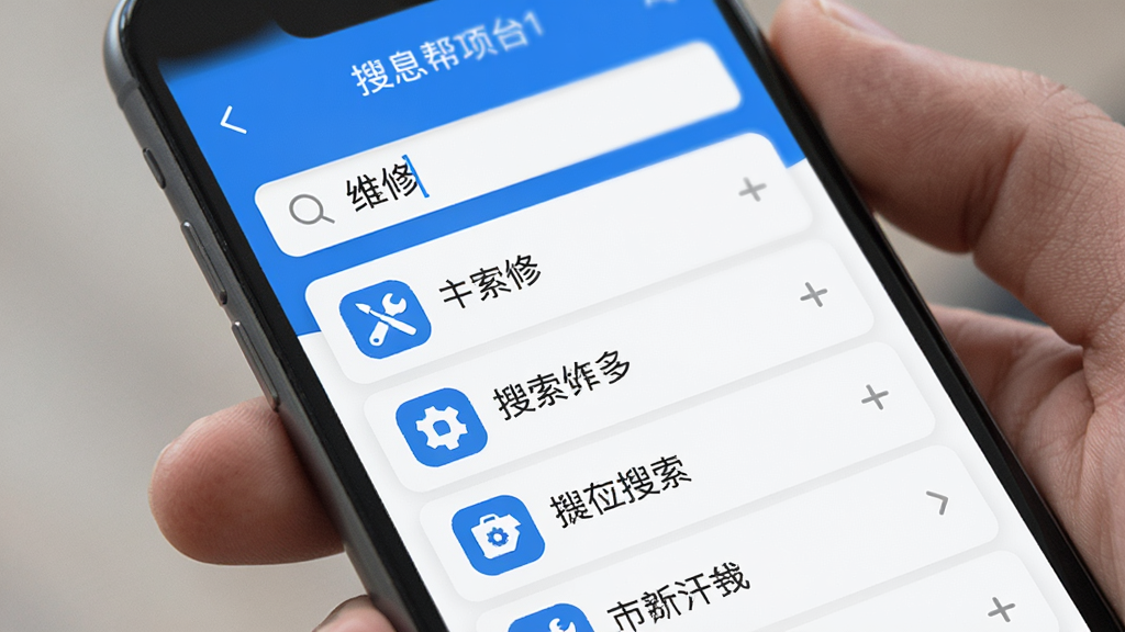 信息帮App搜索界面图,手机屏幕显示搜索框输入“维修”二字,下方弹出相关搜索结果列表,每条结果带图标和标题,界面简洁,蓝白主色调,画质清晰