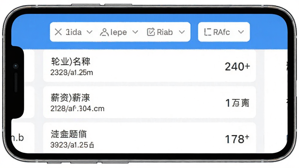 信息帮App内部分类信息列表截图风格图,手机屏幕显示招聘信息列表,每条包含职位名称和薪资范围,顶部有筛选栏,整体界面清爽,蓝白配色,画质干净