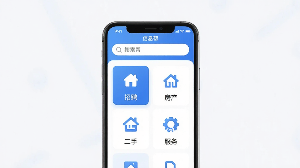 一张信息帮App的界面展示图,手机屏幕居中,屏幕内显示信息帮主界面,顶部搜索框,中间是分类图标如招聘、房产、二手、服务等,配色为蓝白清爽风格,背景干净简洁,画质清晰无多余元素