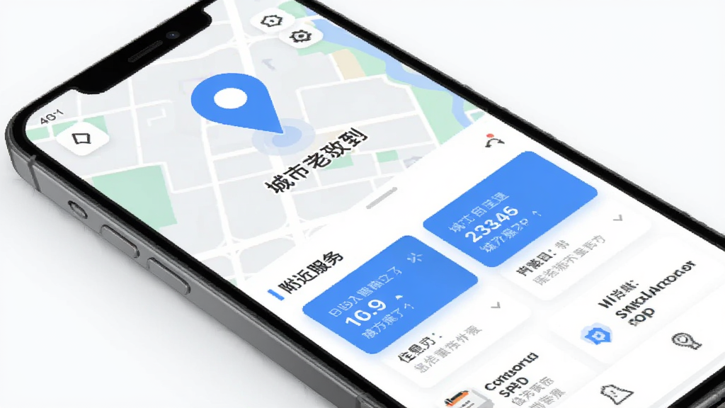 信息帮App定位功能展示图,手机屏幕显示地图定位图标和城市名称,下方列出附近的服务信息卡片,界面现代扁平,蓝白配色,画质干净