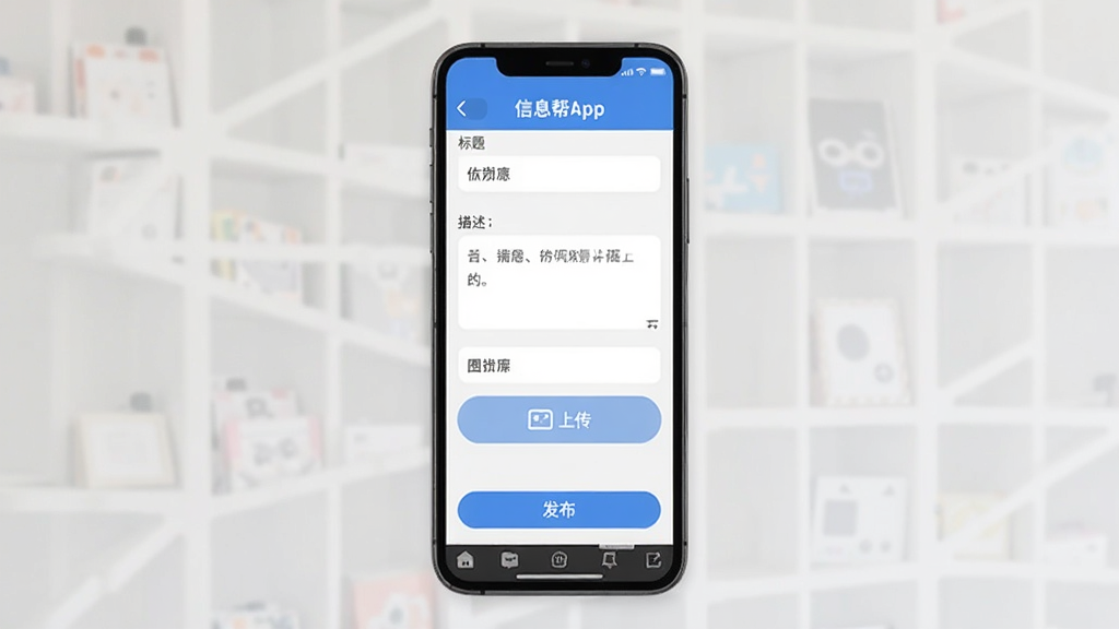 信息帮App发布信息界面图,手机屏幕显示填写表单,包含标题、描述、图片上传按钮,底部有发布按钮,界面简洁,配色清爽,画质清晰