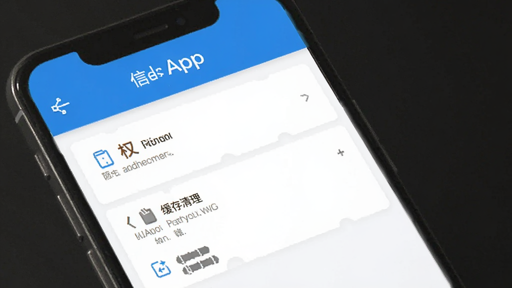 信息帮App设置界面图,手机屏幕显示权限管理和缓存清理选项,界面简洁,蓝白配色,画质干净无多余元素