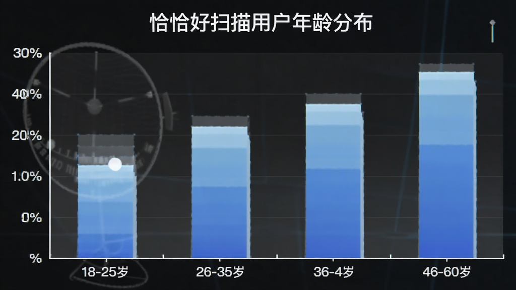 ǡǡ��ɨ���û�����ֲ���״ͼ�������ע18-25�ꡢ26-35�ꡢ36-45�ꡢ46-60���ĸ�����Σ������ע�û�ռ�Ȱٷֱȣ���״ͼ��ɫΪ��ɫϵ���䣬ͼ���Ϸ��б���ǡǡ��ɨ���û�����ֲ�����������ݿ��ӻ�����������
