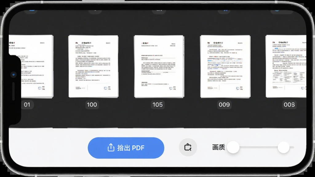 ǡǡ��ɨ������ɨ����PDF�������棬�ֻ���Ļ��ʾ�����ĵ�����ͼ��˳�����У�ÿ������ͼ�·���ҳ���ʶ����Ļ�ײ��е���PDF��ť�ͻ���ѡ�񻬿飬���沼������������ִ���ƽ�����ʸɾ�