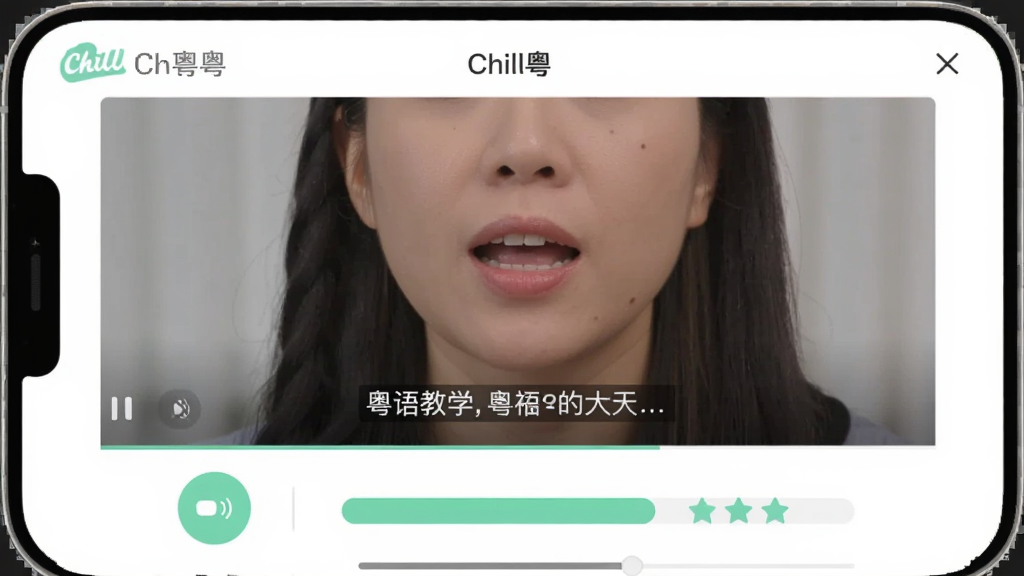 一张手机界面截图,画面中“Chill粤”应用正在播放粤语教学视频,屏幕上有老师口型特写和字幕,下方有录音按钮和发音评分条,界面以白色和薄荷绿为主色调,风格现代扁平,画质干净