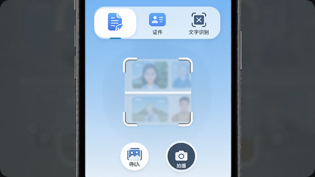 智慧明镜App主界面展示,手机屏幕中央显示扫描取景框,上方有文档、证件、文字识别三个功能标签,下方是相册导入和拍摄按钮,背景为浅蓝色渐变,界面布局简洁清晰,图标圆润现代,画质干净无多余元素