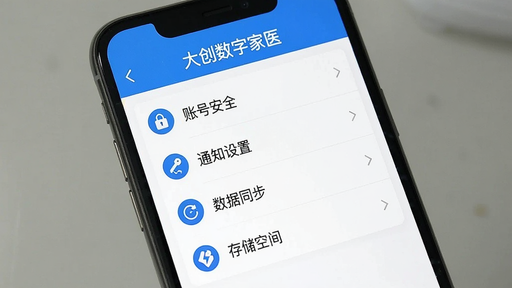 大白数字家医应用设置页面截图风格展示,手机屏幕显示“大白数字家医”顶部标题,下方有账号安全、通知设置、数据同步、存储空间等选项列表,蓝白配色,图标简洁,画面干净,画质清晰无多余元素