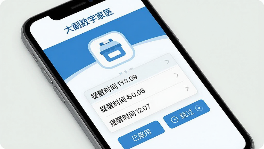 大白数字家医应用用药提醒功能界面展示,手机屏幕显示“大白数字家医”标题,中间有药盒图标和提醒时间列表,下方有“已服用”“跳过”按钮,蓝白配色,简洁扁平风格,画面干净,画质清晰无多余元素