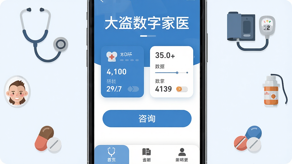 手机屏幕中央显示大白数字家医应用主界面,蓝白配色,顶部有“大白数字家医”文字,中间是健康数据卡片和咨询按钮,底部三个选项卡,周围环绕听诊器、血压计、药丸等医疗图标,扁平化设计风格,画面干净明亮,文字清晰,画质干净无多余元素