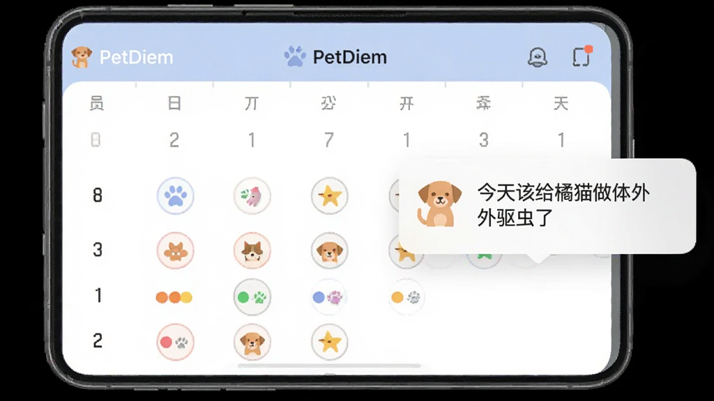 PetDiem应用的日程提醒界面,日历视图上标注了多个彩色圆点代表不同宠物的待办事项,旁边弹出通知卡片显示“今天该给橘猫做体外驱虫了”,界面配色柔和,图标清晰,整体干净整洁
