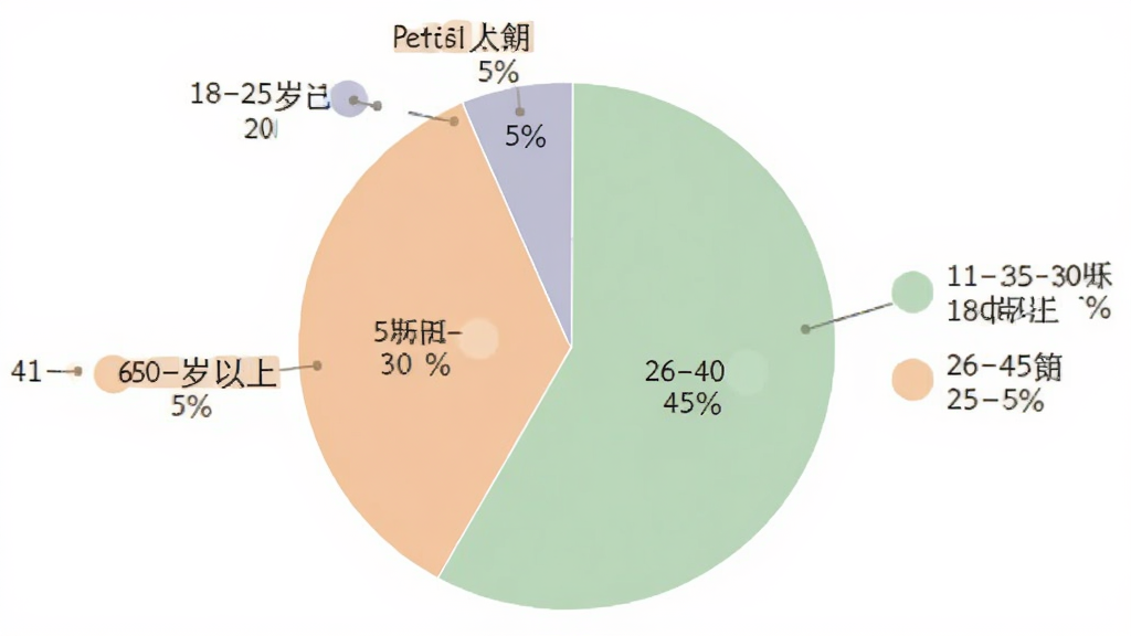 PetDiem用户年龄分布饼状图,显示18-25岁占20%,26-40岁占45%,41-60岁占30%,60岁以上占5%,图表配色柔和,标签清晰,背景干净无多余元素