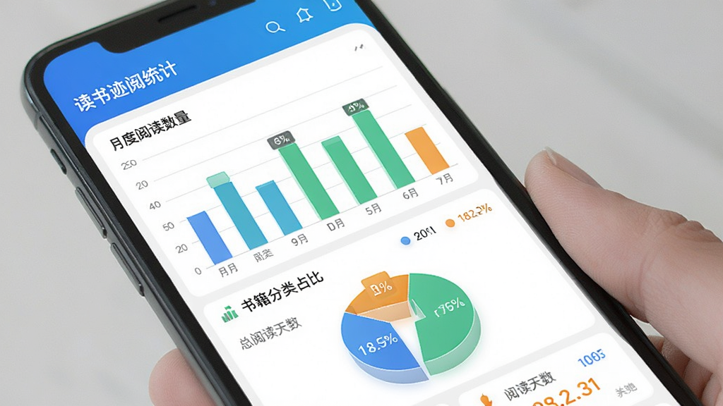 ���鼣�Ķ�����ͳ�ƽ��棬�ֻ���Ļ��ʾͳ��ͼ��ҳ�棬�����¶��Ķ�������״ͼ���鼮����ռ�ȱ�ͼ�����Ķ����������ݿ�Ƭ����ɫ����ɫ����ɫ����ɫΪ����ͼ���������ۣ����岼�ֹ���������ִ���࣬���ʸɾ��޶���Ԫ��