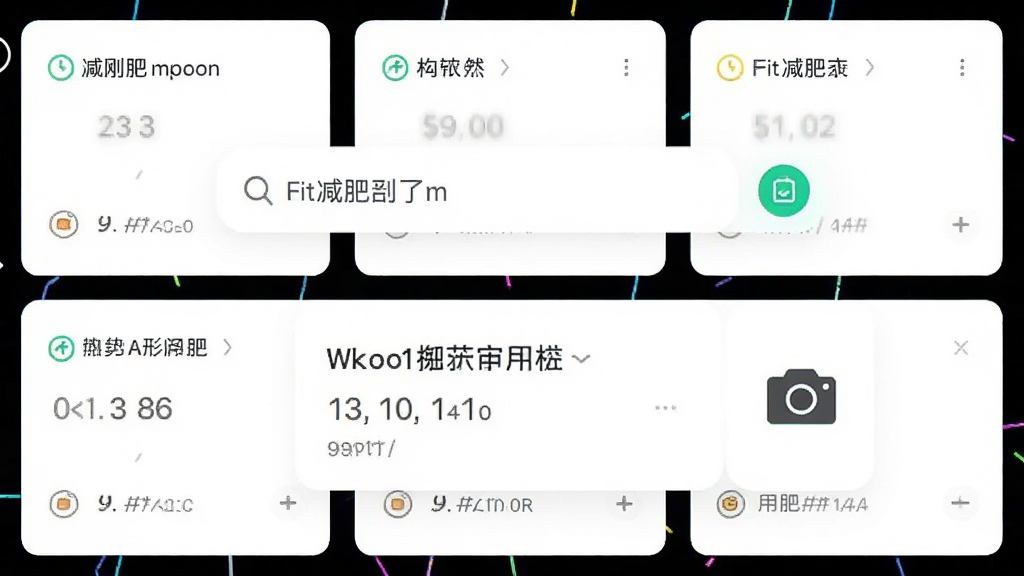 一张Fit减肥软件饮食记录页面的截图,画面中央是一个搜索框,下方显示着用户刚刚输入的食物名称和自动匹配出的热量数值,旁边有一个相机图标代表拍照识别功能,界面背景为白色,数据以卡片形式排列,风格简洁现代,画质干净