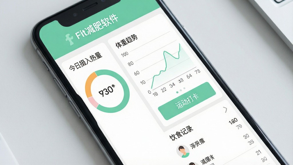 一张展示Fit减肥软件核心界面的手机屏幕截图,屏幕上显示着今日摄入热量环形图、体重趋势折线图、运动打卡按钮和饮食记录列表,界面配色以薄荷绿和白色为主,顶部有