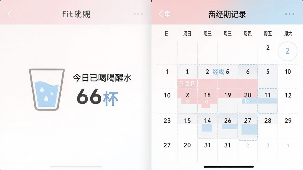 一张Fit减肥软件饮水提醒和经期记录页面的截图,画面左侧是一个水杯图标旁边显示今日已喝6杯水,右侧是一个日历视图标注了经期区间,界面配色为淡粉色和浅蓝色,风格温柔清新,画质干净