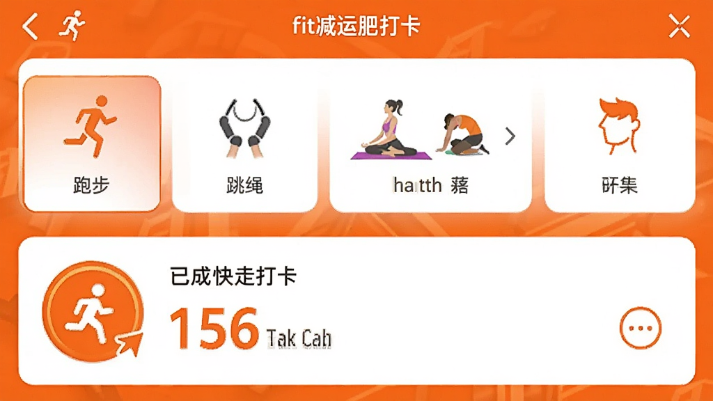 一张Fit减肥软件运动打卡页面的截图,画面中显示着运动项目选择列表,包括跑步、跳绳、瑜伽等图标,下方是一个已完成的快走打卡记录,显示消耗了156大卡,界面配色为活力橙色和白色,风格运动感强,画质清晰