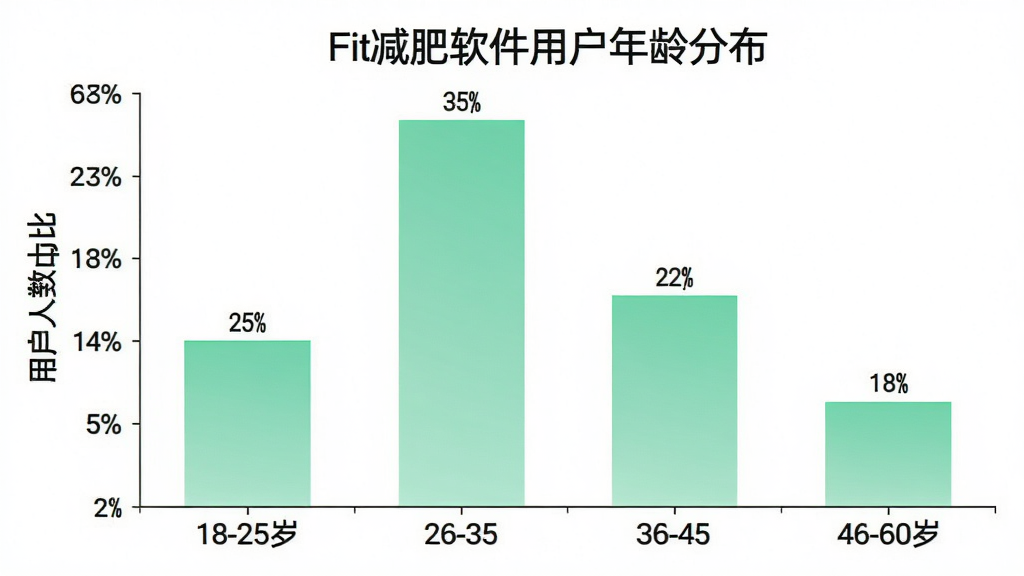 一张展示Fit减肥软件用户年龄分布的柱状图,横轴为年龄段18-25岁、26-35岁、36-45岁、46-60岁,纵轴为用户人数占比,柱状图显示26-35岁占比最高约35%,18-25岁约25%,36-45岁约22%,46-60岁约18%,图表配色为薄荷绿渐变,背景白色,风格简洁数据可视化,画质清晰