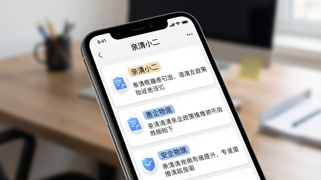 一张展示亲清小二惠企政策推送功能的图片,主体是手机屏幕特写,屏幕内显示亲清小二APP的政策推送列表,每条政策带有标签和摘要,排版清晰,风格为简约商务风,细节包括精致的图标和柔和的阴影,画质干净无多余元素,背景为模糊的办公桌面。