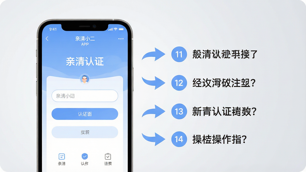 一张展示亲清小二新手操作指引的图片,主体是手机屏幕显示亲清小二APP的注册认证页面,画面中有清晰的分步引导箭头和文字说明,布局简洁明了,风格为现代扁平化设计,细节包括柔和的蓝色主调和圆角输入框,画质干净无多余元素,背景为浅灰色渐变。