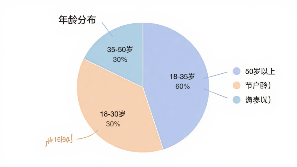极简节拍器 用户年龄分布饼状图 图表清晰显示18-35岁占60% 35-50岁占30% 50岁以上占10% 配色柔和 风格简洁 背景白色 画质干净 无多余装饰