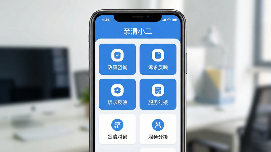 一张展示亲清小二软件核心全貌的图片,主体是一个现代智能手机屏幕,屏幕内显示亲清小二APP的主界面,界面顶部有“亲清小二”字样,中间是清晰的功能模块入口如政策咨询、诉求反映、服务对接等,布局简洁,排版整齐,风格为清爽的蓝白扁平化设计,细节包括圆润的图标和清晰的文字标签,画质干净无多余元素,背景为柔和的办公环境虚化。