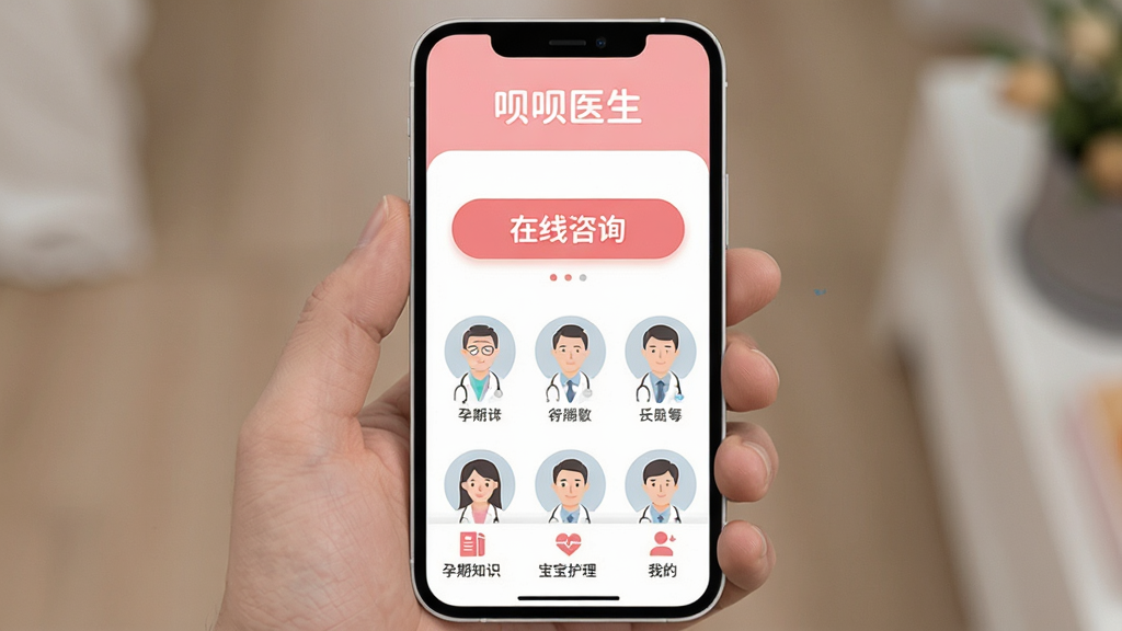 һ���ֻ���Ļչʾ���棬��������������ҽ��APP�������棬������ʾ������ҽ�����ĸ��֣��м�����Ŀ��������ѯ��ť��ҽ��ͷ���б����ײ�������֪ʶ�������������ҵ�����ѡ�������ɫ������͵ķ�ɫ�Ͱ�ɫΪ���������ܰ�ɾ�����ƽ����ƣ�ϸ��Բ�󣬻����������޶���Ԫ��