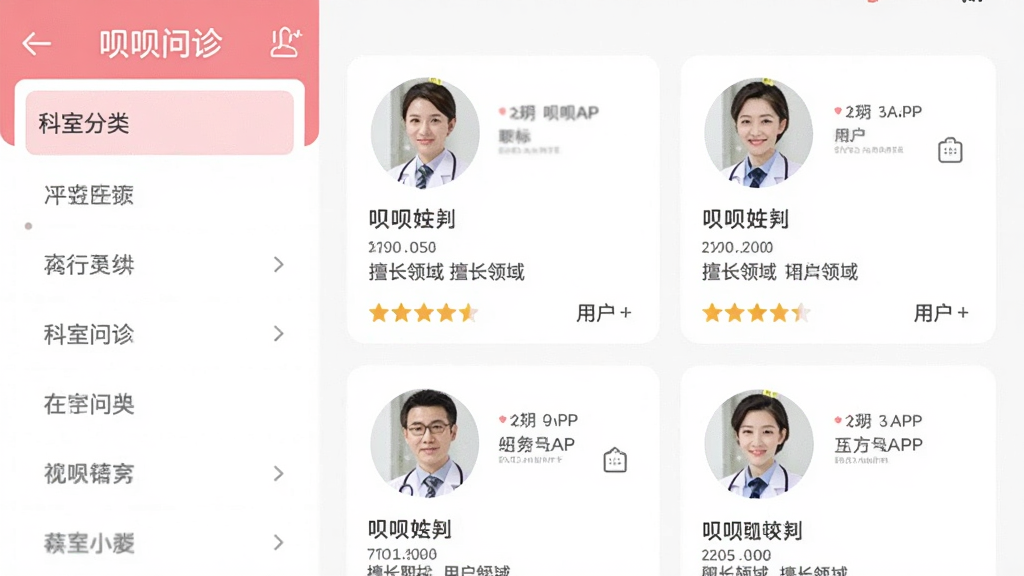 ����ҽ��APP��������������ͼ������ǿ��ҷ����б����Ҳ���ҽ����Ƭչʾ��ÿ�ſ�Ƭ����ҽ��ͷ��������ְ�ơ��ó�������û����֣������Է�ɫ�Ͱ�ɫΪ�������������������ܰרҵ�����ʸɾ�