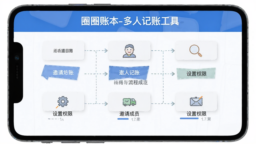 圈子账本-多人记账工具 多人记账操作流程图 邀请成员 设置权限