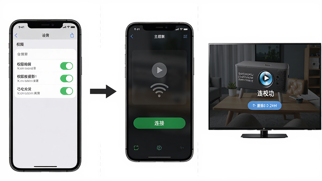 手机投影仪使用教程示意图,画面左侧展示手机设置界面中的权限开关,中间用箭头指向手机投影仪软件主界面的连接按钮,右侧展示电视屏幕上显示连接成功的画面,整体布局从左到右分三步展示,风格简洁明了的教程图示,画质干净清晰,无多余元素