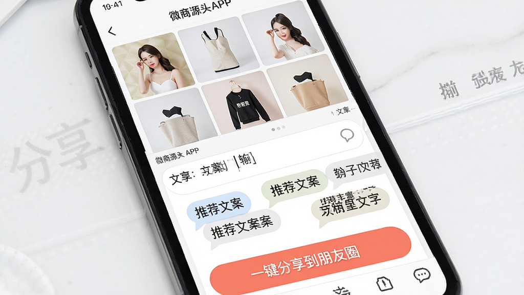 一张展示微商源头朋友圈一键转发与文案助手功能的图片,主体是手机屏幕显示着微商源头APP的分享界面,布局为上方是选中的多张商品缩略图,中间是文案输入框和推荐文案气泡,下方是醒目的“一键分享到朋友圈”按钮,排版紧凑,风格为社交分享风,细节上展示出文案库的丰富性,画质干净,无多余元素。