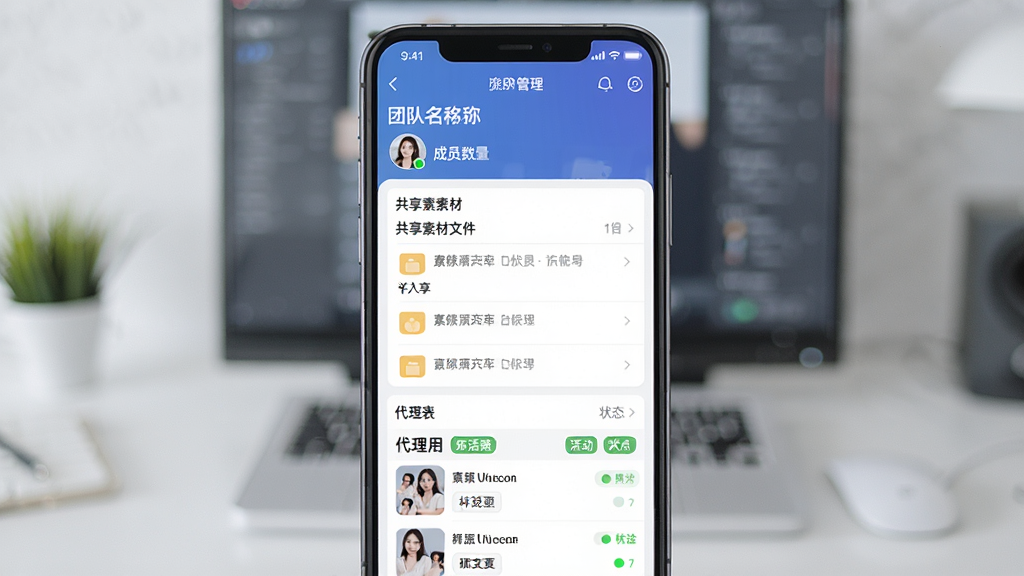 一张展示微商源头团队素材库与代理管理功能的图片,主体是手机屏幕显示着微商源头APP的团队管理界面,布局为上方是团队名称和成员数量,中间是共享素材文件夹列表,下方是代理列表和状态标签,排版清晰,风格为商务管理风,细节上展示出素材的缩略图和代理的活跃状态,画质干净,无多余元素。