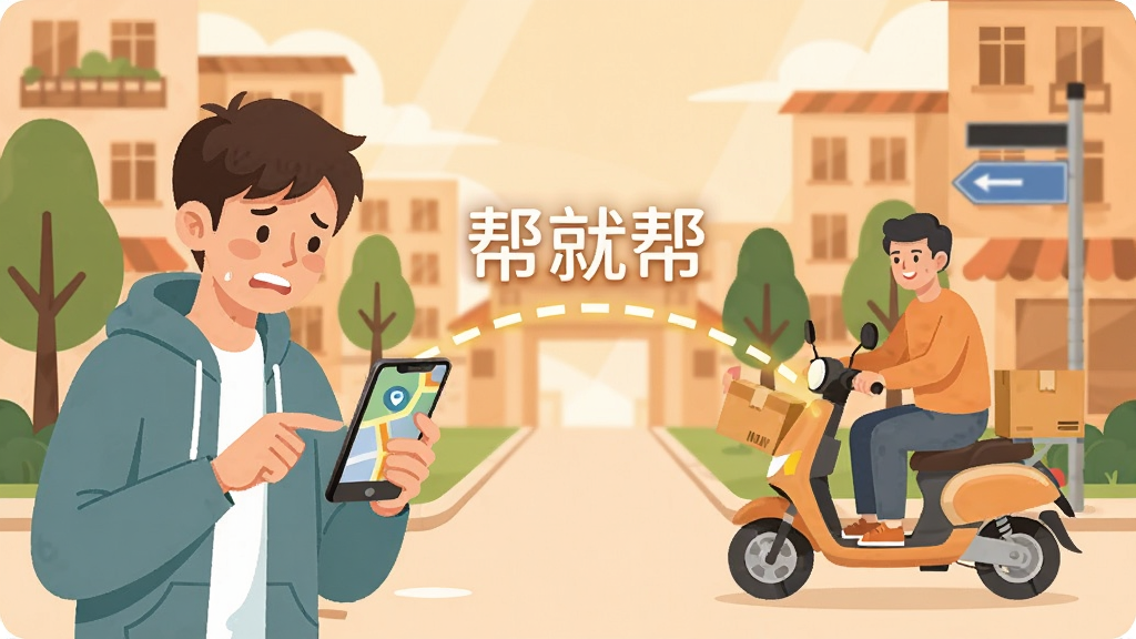 一张扁平化插画,画面左侧是一个拿着手机焦急看地图的年轻人,右侧是另一个骑着电动车顺路帮忙取快递的邻居。两人中间用一条发光的虚线连接,线上方悬浮着“帮就帮”三个字。背景是温馨的居民小区,有楼房、树木和路标。风格温暖明亮,色彩柔和,细节清晰,无多余元素。