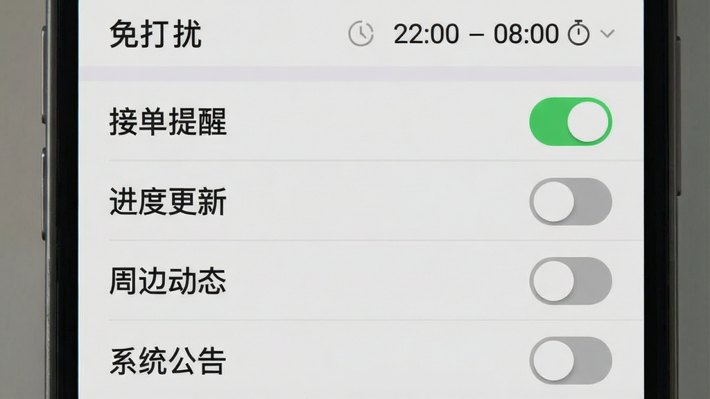 一张手机界面截图风格图片,展示“帮就帮”的消息通知设置页面。页面背景为浅灰色,列表项包括“接单提醒”、“进度更新”、“周边动态”、“系统公告”,每个项目右侧有开关按钮。其中“接单提醒”为绿色开启状态,其余为灰色关闭状态。顶部有“免打扰”时间段设置,显示“22:00 - 08:00”。风格清晰简洁,字体易读,无多余元素。