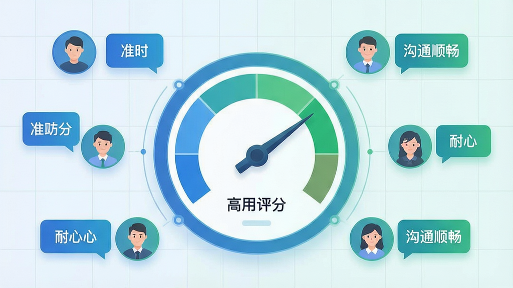 一张数据可视化风格的图片,画面中央是一个圆环形的信用评分仪表盘,指针指向高分区域。仪表盘周围环绕着多个小头像,每个头像旁边有“准时”、“耐心”、“沟通顺畅”等标签气泡。背景是淡淡的网格线,主色调为蓝色和绿色,代表信任与安全。风格简洁科技感,细节干净,无多余元素。