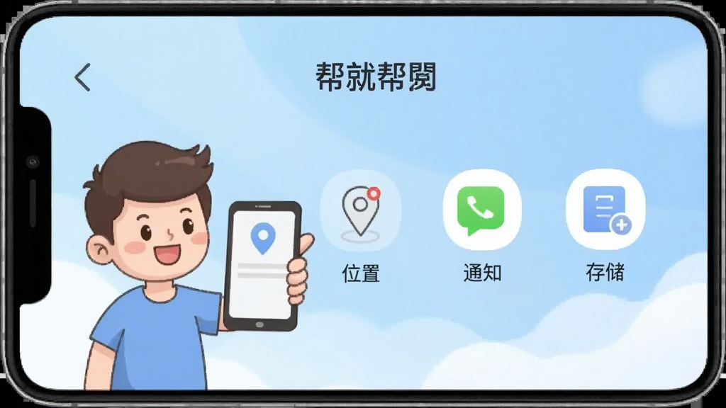 一张手机屏幕截图,展示“帮就帮”APP的权限设置引导页面。画面中有一个卡通人物拿着手机,旁边列出“位置”、“通知”、“存储”三个权限图标,每个图标下方有简短说明文字。背景是浅蓝色渐变,风格轻松友好,文字清晰,无多余元素。