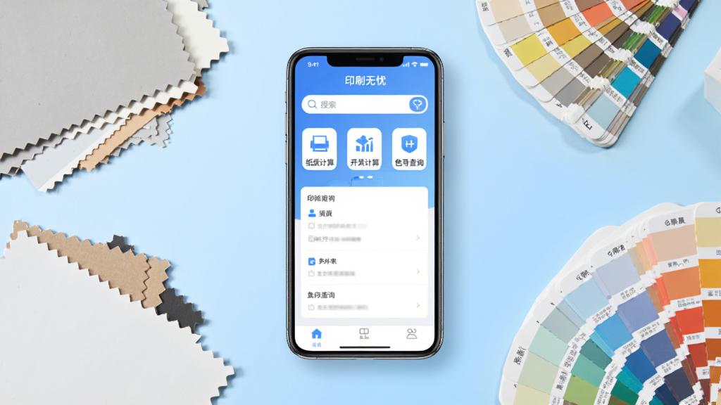 印刷无忧软件主界面展示,画面中央是手机屏幕,屏幕内显示印刷无忧应用首页,顶部有搜索栏和纸张计算、开数计算、色号查询三个功能入口图标,背景是浅蓝色渐变,手机周围散落着纸张样本和色卡,风格简洁现代,细节干净,画质清晰无多余元素