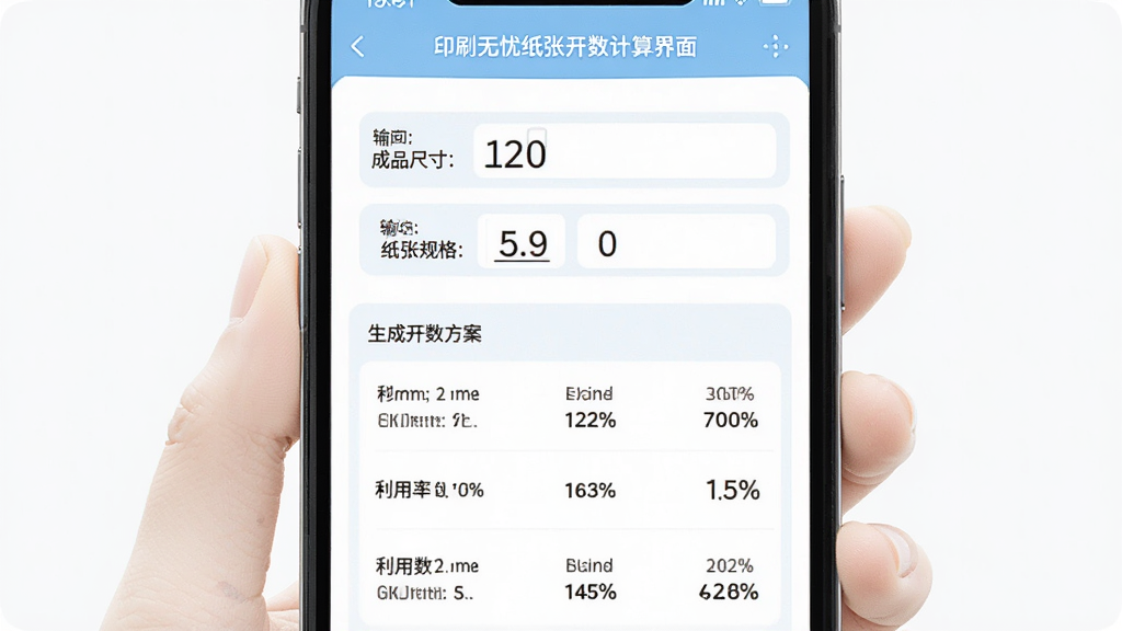 印刷无忧纸张开数计算界面,手机屏幕显示输入框内填有成品尺寸和纸张规格,下方自动生成多个开数方案并标注利用率百分比,界面以白色和浅蓝色为主,排版清晰,风格扁平化,细节干净无多余元素