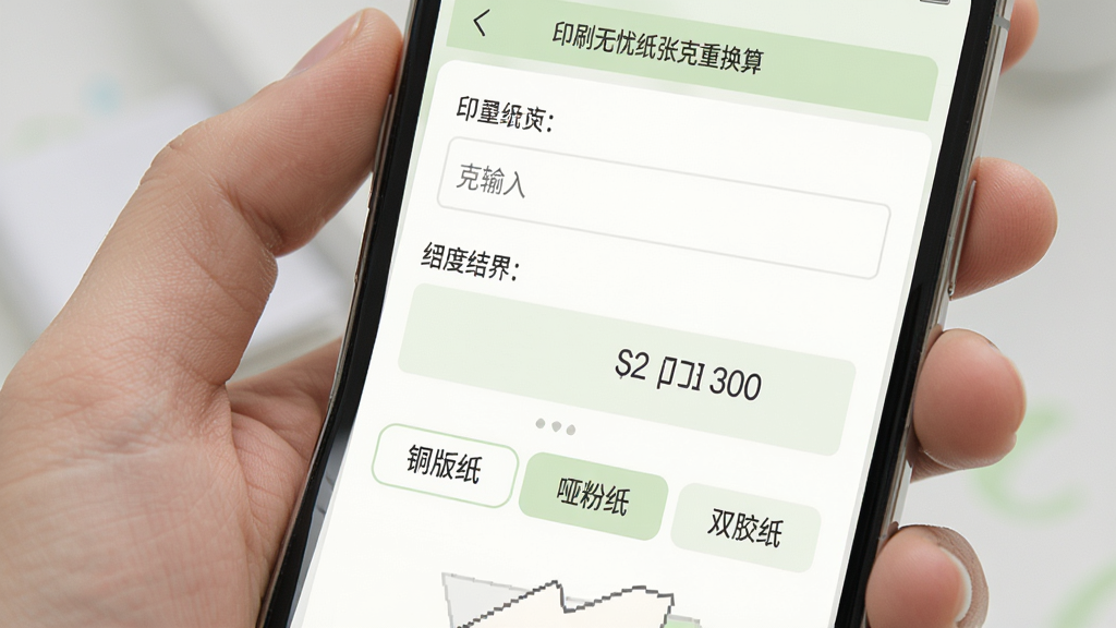 印刷无忧纸张克重换算界面,手机屏幕显示克重输入框和厚度结果显示,下方有铜版纸、哑粉纸、双胶纸等纸张类型切换标签,界面以白色和淡绿色为主,排版清爽,风格简洁,细节干净无多余元素
