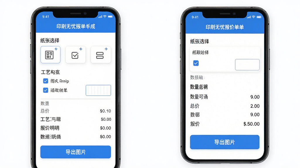 印刷无忧报价单生成界面,手机屏幕显示纸张选择、工艺勾选和数量输入区域,下方自动生成报价明细和总价,底部有导出图片按钮,界面以白色和蓝色为主,排版清晰,风格现代,细节干净无多余元素