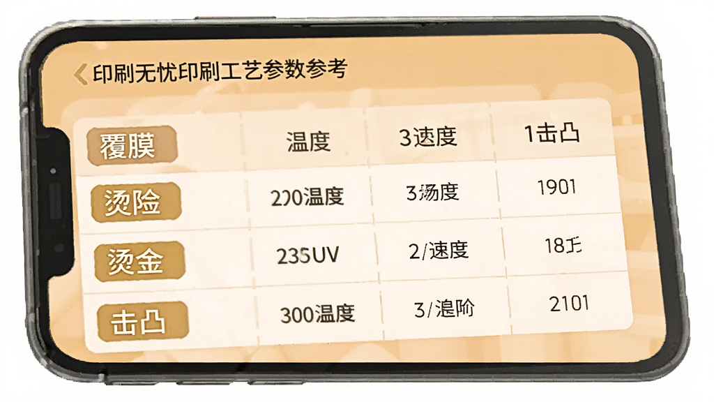 印刷无忧印刷工艺参数参考页面,手机屏幕显示覆膜、烫金、UV、击凸等工艺标签和对应的温度压力速度数值表格,背景为浅橙色,界面布局规整,风格扁平,画质清晰无多余元素