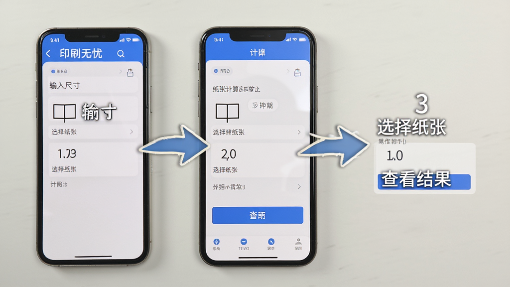 印刷无忧新手操作指引手机截图,画面展示手机屏幕上印刷无忧应用内纸张计算功能的操作步骤,用箭头标注输入尺寸、选择纸张、查看结果三个环节,背景简洁,风格清晰,细节干净无多余元素