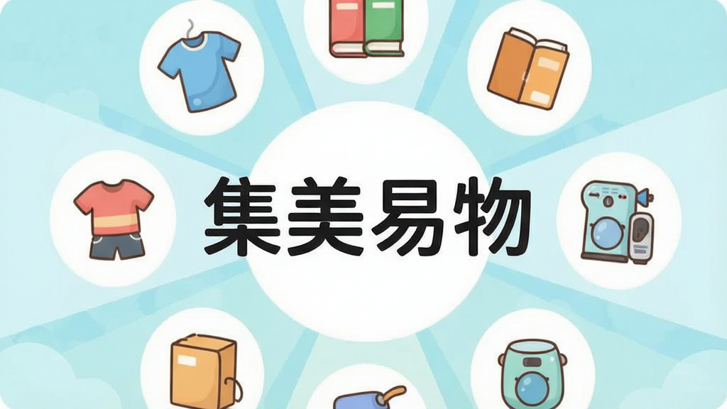 一张手机屏幕展示集美易物App主界面,界面中央显示“集美易物”四个大字,周围环绕着衣服、书籍、小家电等闲置物品的卡通图标,布局采用中心辐射式排版,风格清新扁平化,细节圆润柔和,画质干净明亮无多余元素