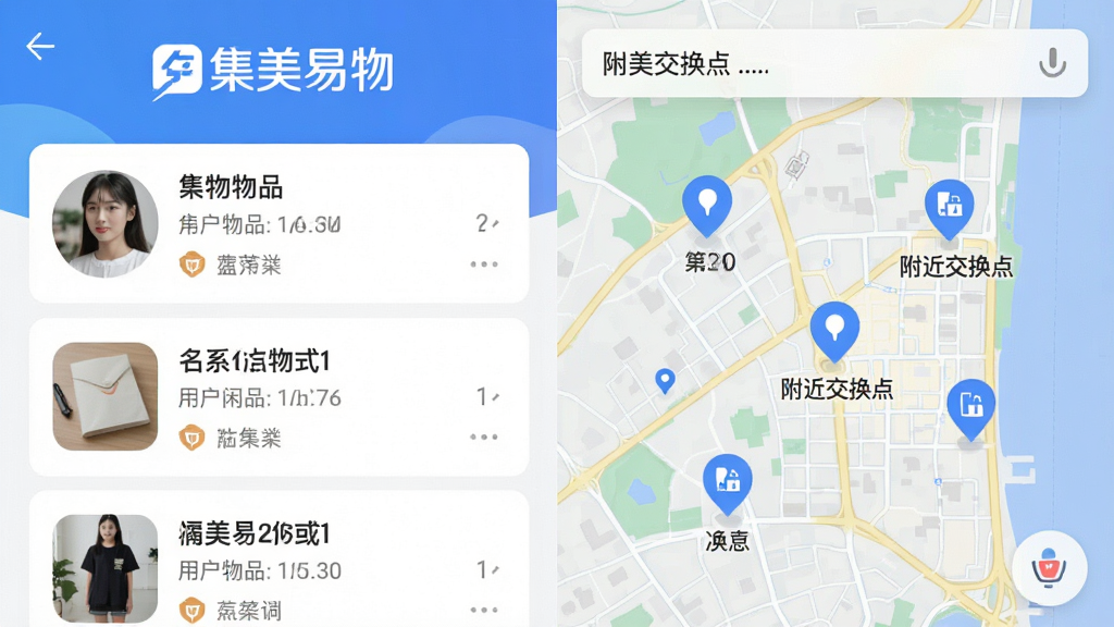一张展示集美易物App同城交换功能的界面截图,画面中显示“集美易物”Logo,左侧是用户发布的闲置物品列表,右侧是地图上标注的附近交换点,布局为左右分栏,风格现代简洁,细节清晰,画质干净无多余元素