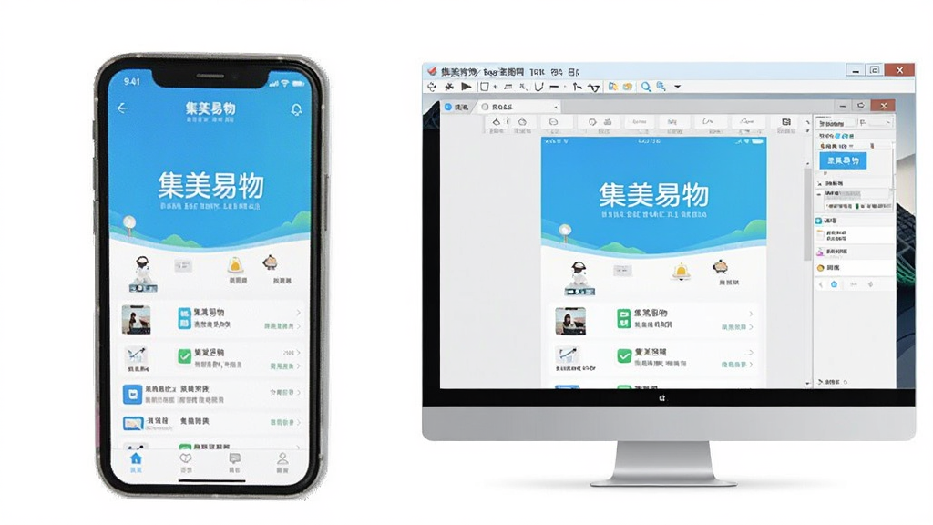 一张展示集美易物App在手机和模拟器上同时运行的对比图,左侧是手机屏幕显示“集美易物”主界面,右侧是电脑模拟器窗口显示相同界面,布局为左右对比,风格简洁明了,细节清晰,画质干净无多余元素